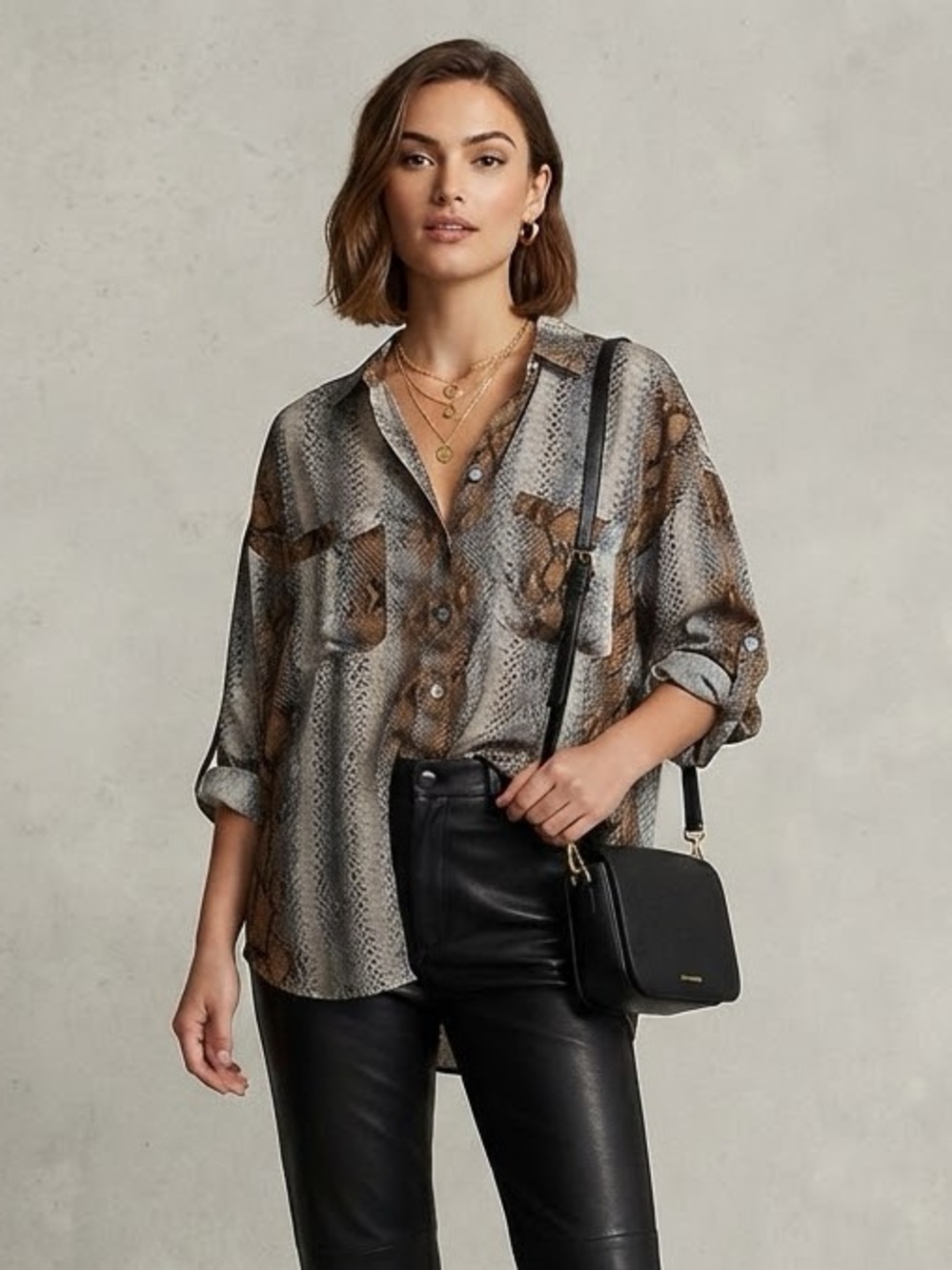 Entro Edgy Snakeskin Print Semi Sheer Button Down Long Sleeve Shirt Medium